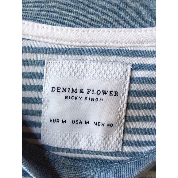 Denim & Flower men Ricky Singh Blue White Stripe Aloha Hawaii T Shirt sze Medium - Picture 8 of 11